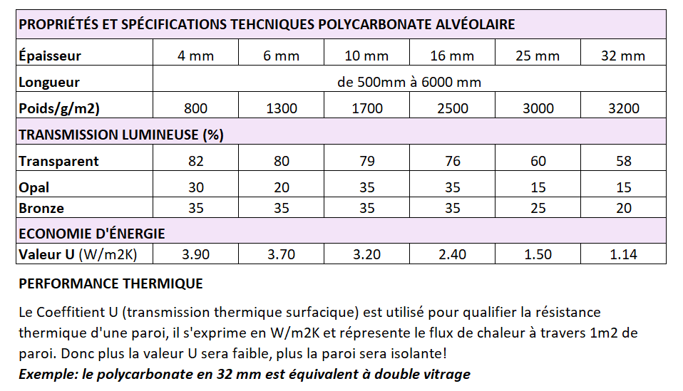 Plaque de polycarbonate traitée anti-UV 2 faces, alvéolaire translucide ép.  16 mm, 1200 mm x 6000 mm 